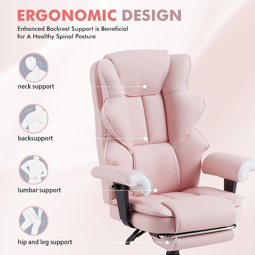 HOMREST 6-Point Massage Executive Chair,Heat Office Chair,Ergonomic Home Office Desk Chairs with Retractable Footrest and Reclining Function,Leather Computer Chair with Adjustable Armrest(‌Pink)