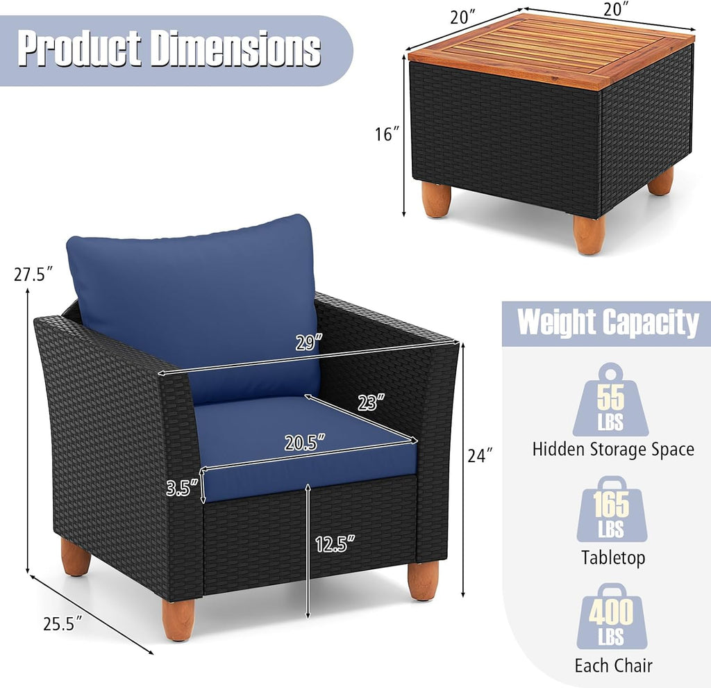 Tangkula 3 Pieces Patio Porch Furniture Set, PE Rattan Wicker Chair Conversation Set with Cushions and Storage Table, Outdoor Acacia Wood Bistro Set for Garden, Poolside