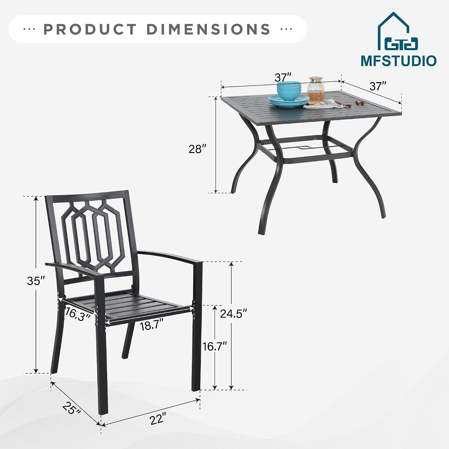 MFSTUDIO Outdoor Table and Chairs for 4, Outdoor Dining Set with Umbrella Hole, Metal Patio Furniture Set for Deck/Backyard/Poolside/Garden