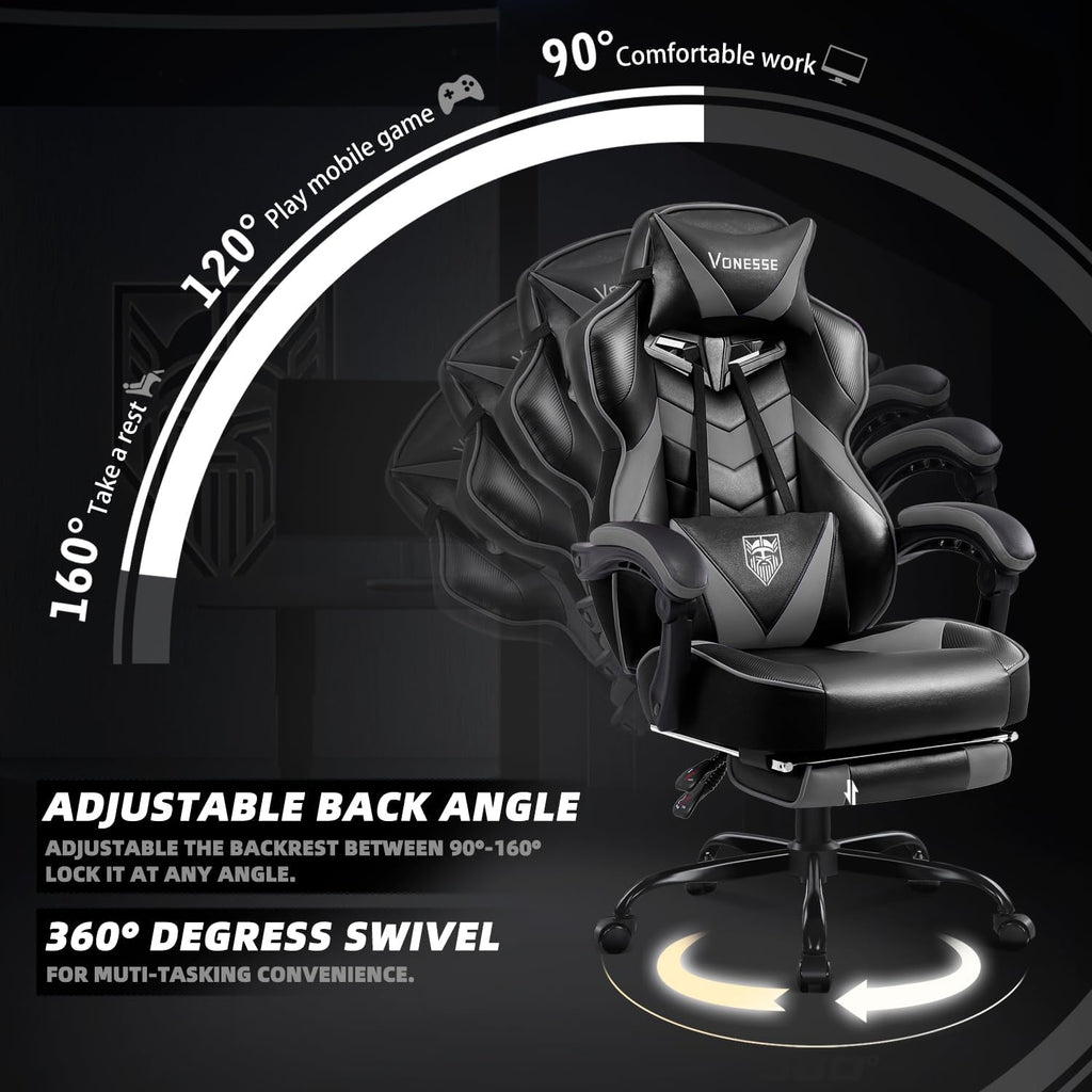 Vonesse Gaming Chair, High Back Gaming Chair with Footrest and Massage, Gaming Chairs for Adults with Pocket Spring Cushion, Big and Tall Reclining Computer Chair with Lumbar Support (Grey/Black)