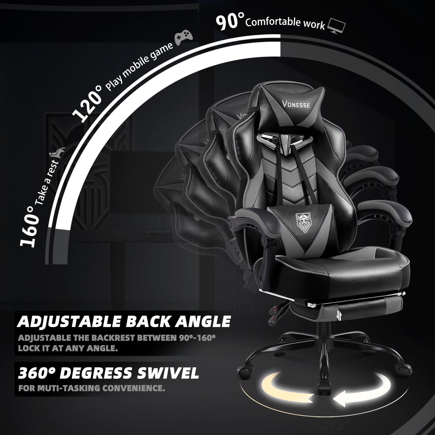 Vonesse Gaming Chair, High Back Gaming Chair with Footrest and Massage, Gaming Chairs for Adults with Pocket Spring Cushion, Big and Tall Reclining Computer Chair with Lumbar Support (Grey/Black)