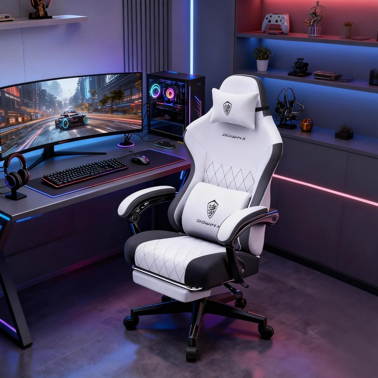 Dowinx Gaming Chair with Pocket Spring Cushion, Massage Lumbar Pillow & Footrest, Wide Seat with Padded Armrests, Breathable Fabric, Reclining Computer Chair for Home Office-Black and Gray