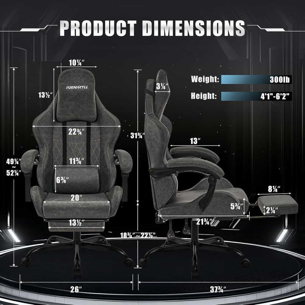 Gaming Chair Video Game Chairs with Large Headrest, Linkage Armrests, Retro PU Leather Ergonomic Computer Chair for Gaming or Office, Grey