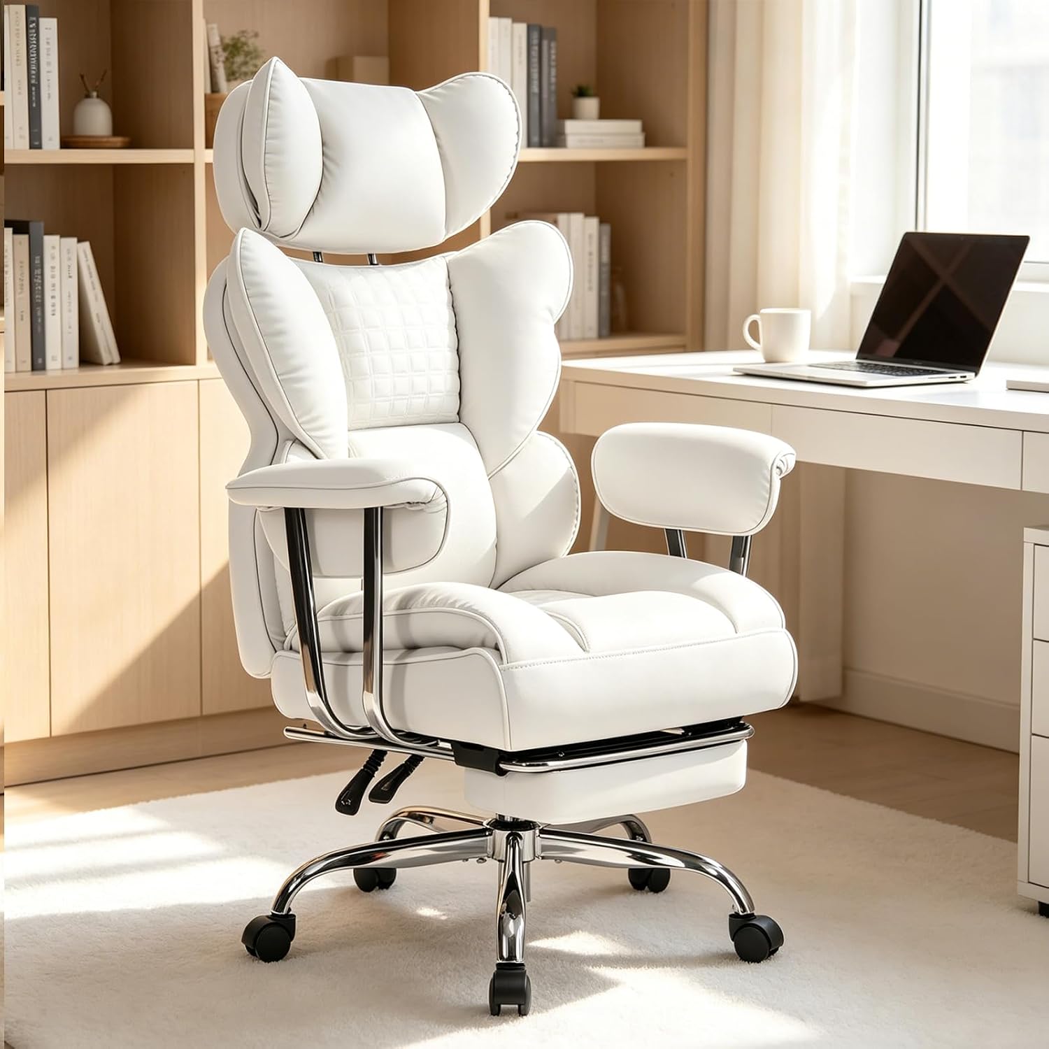 Big and Tall Gaming Computer Chair, Scratch-Resistant PU Leather Executive Office Desk Chair with Footrest, Ergonomic Reclining Computer Chair with Pocket Spring Support for Home Office, Beige