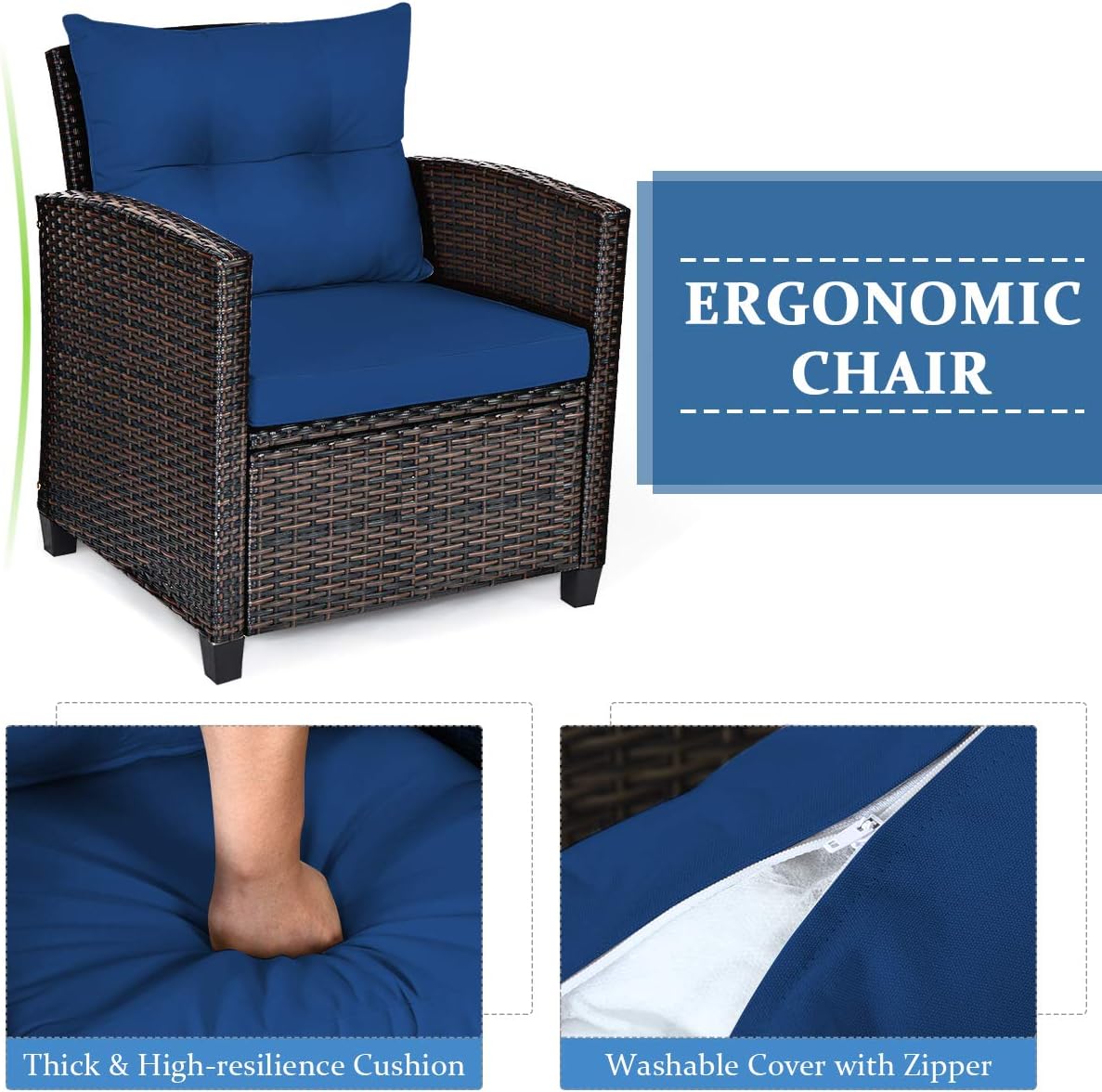 COSTWAY 3PCS Patio Furniture Set, PE Rattan Wicker Sofa w/Washable Cushion and Coffee Table, Tempered Glass Tabletop, Outdoor Conversation Set for Balcony, Porch, Yard, Backyard, Lawn, Navy Blue