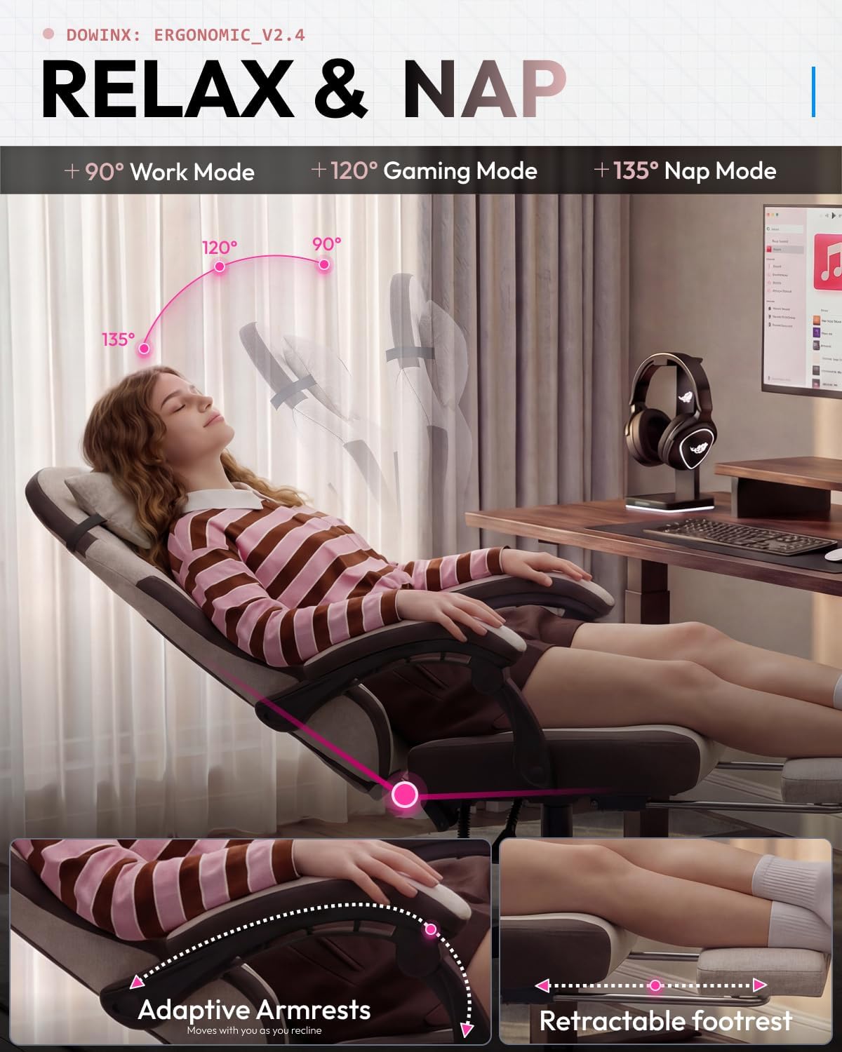 Dowinx Gaming Chair, Fabric Gaming Chairs for Adults with Pocket Spring Cushions and Lumbar Support, Ergonomic Massage Computer Chair with Footrest for Big and Tall, Brown