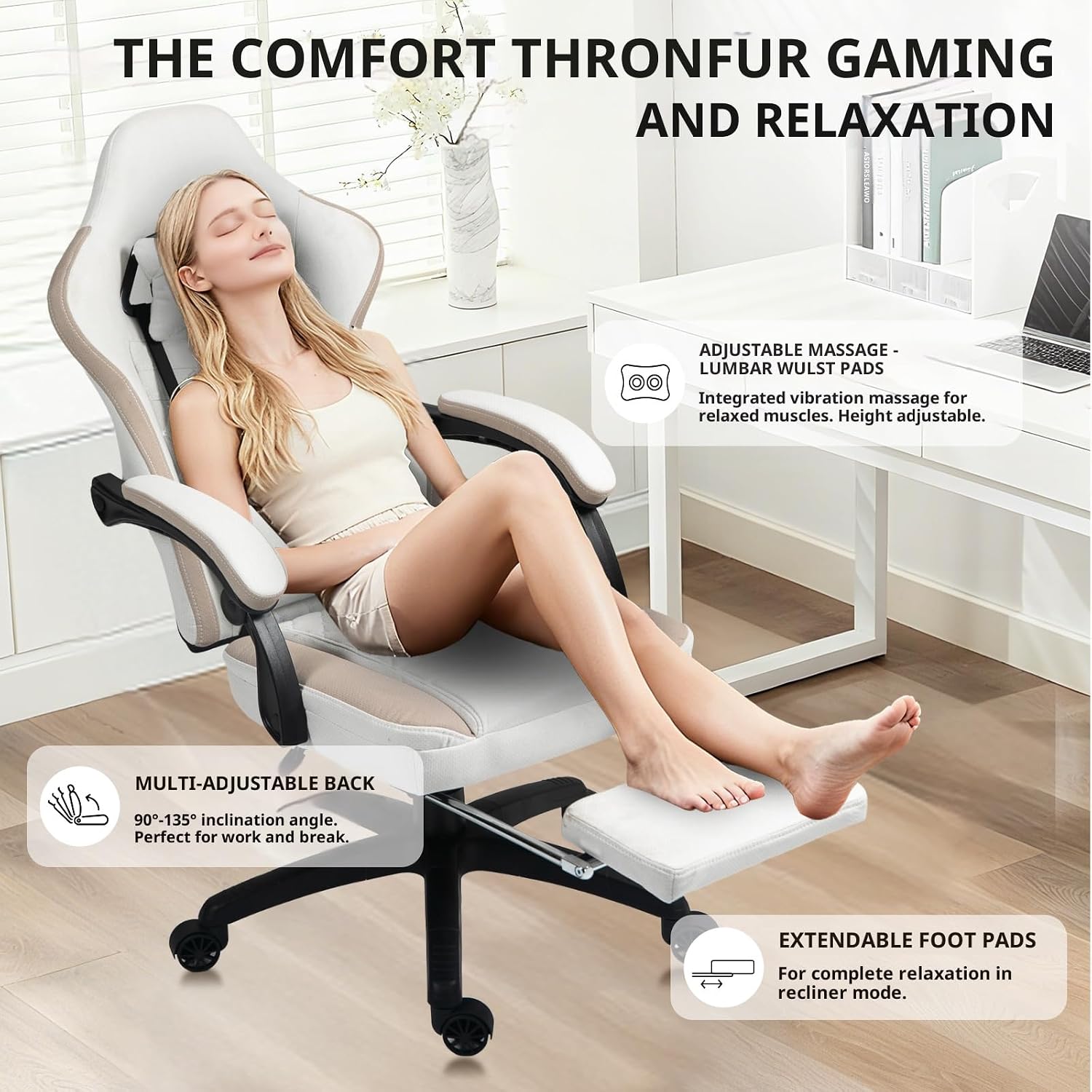 Dowinx Gaming Chair Breathable Fabric Game Chair with Gel Pad and Storage Bag, Comfortable Gamer Chair with Pocket Spring Cushion,Ergonomic Computer Chair with Footrest,Beige