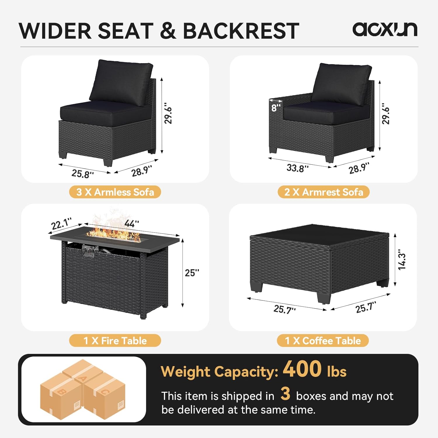 Aoxun Patio Furniture Set with 44'' Fire Pit Table, 7 Pcs Outdoor Patio Furniture Sets with 4in Thicken Cushion, Widen Armrests Wicker Outdoor Sectional for Backyard