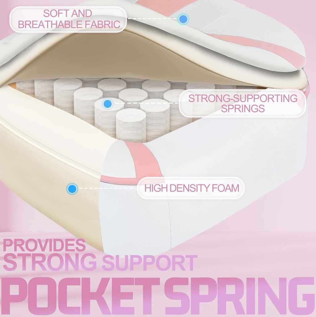 Vonesse Gaming Chair, High Back Pink Gaming Chair with Footrest and Massage, Gaming Chairs for Adults with Pocket Spring Cushion, Big and Tall Reclining Computer Chair with Lumbar Support (White/Pink)