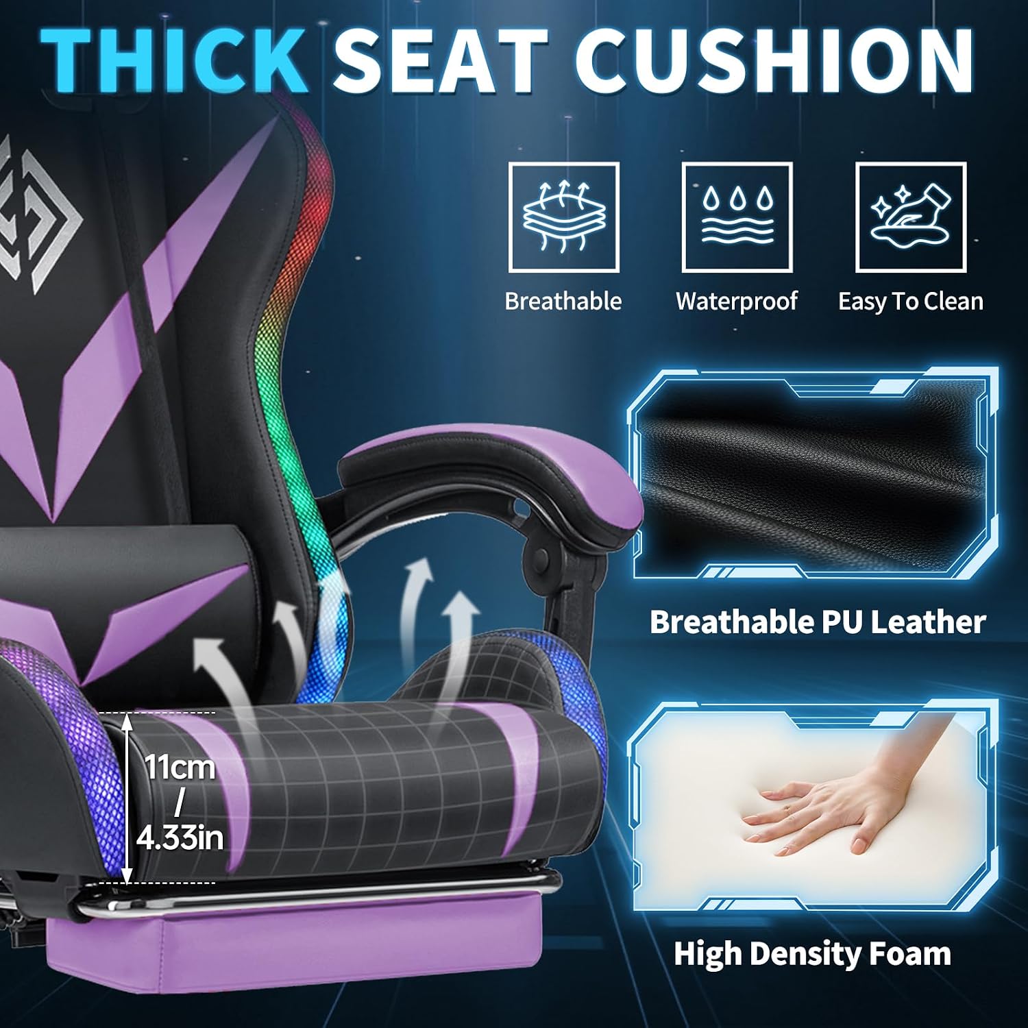 RGB Gaming Chair with Massage and LED Lights Ergonomic Computer Chair with Footrest Reclining High Back Video Game Chair for Adults with Adjustable Lumbar Support Purple and Black