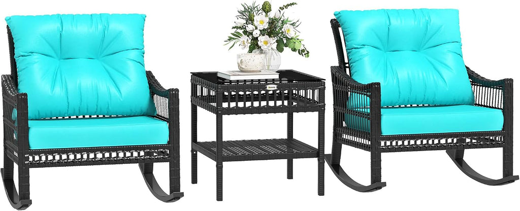 Outsunny Wicker Outdoor Rocking Chair Set, 3 Piece Patio Furniture Set with Padded Cushions and Storage Coffee Table, 2-Seater PE Rattan Bistro Set for Garden Backyard Porch, Turquoise
