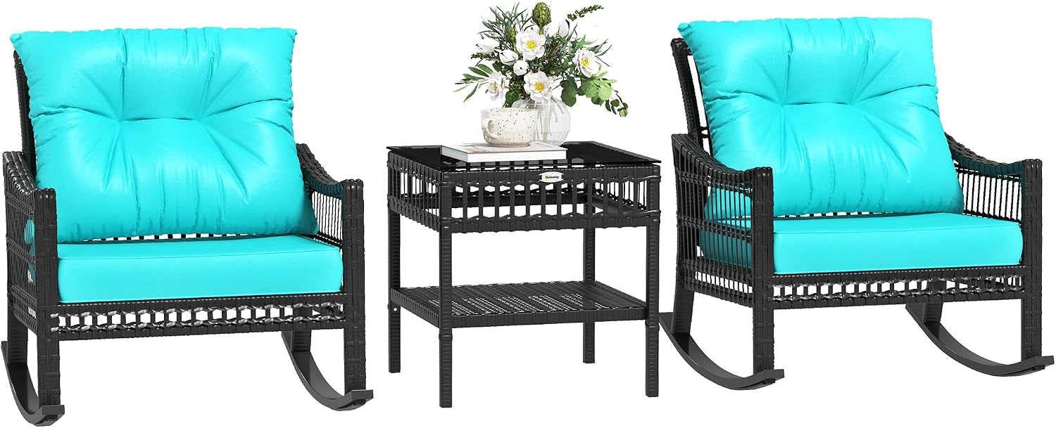 Outsunny Wicker Outdoor Rocking Chair Set, 3 Piece Patio Furniture Set with Padded Cushions and Storage Coffee Table, 2-Seater PE Rattan Bistro Set for Garden Backyard Porch, Turquoise