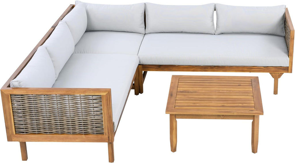 Christopher Knight Home Tenntt 5-Seater Acacia Wood Patio Furniture Set, Outdoor Conversation Sofa Chat Set with Coffee Table, Wicker Arm, Sectional Seating Group for Backyard Balcony, Teak+Light Gray