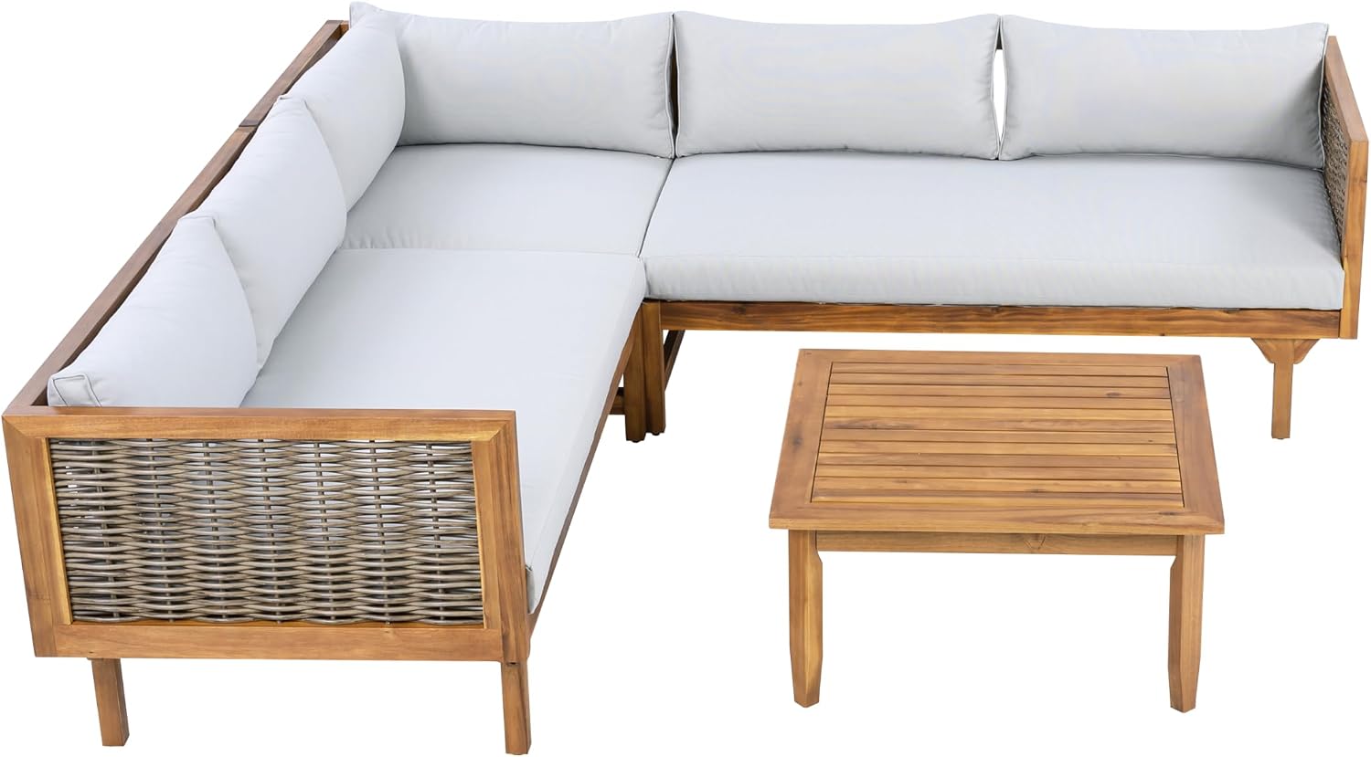 Christopher Knight Home Tenntt 5-Seater Acacia Wood Patio Furniture Set, Outdoor Conversation Sofa Chat Set with Coffee Table, Wicker Arm, Sectional Seating Group for Backyard Balcony, Teak+Light Gray