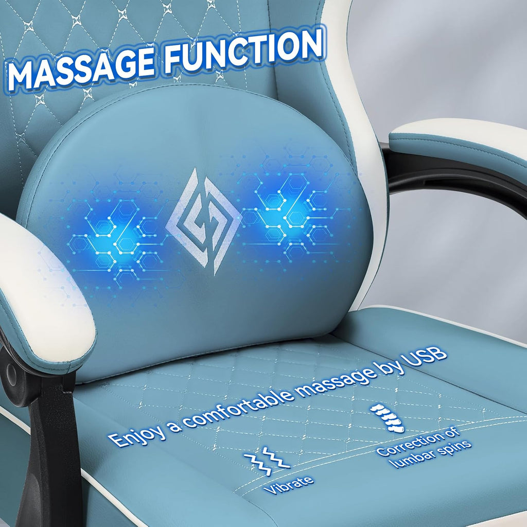 HOFFREE Gaming Chair with Speakers Massage Computer Gaming Chair with Pocket Spring Cushion for Adults Reclining Gamer Chair with Bluetooth Video Game Chairs with Footrest Stone Blue and White