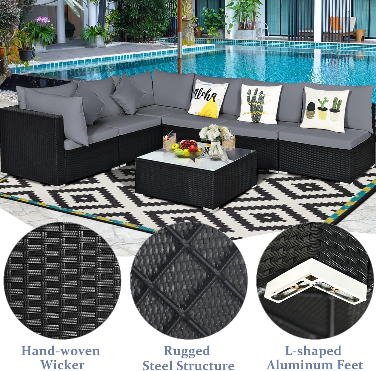 Tangkula 7-Piece Patio Furniture Set, Outdoor Sectional Sofa with Pillows and Cushions, Wicker Conversation Set with Coffee Table and Tea Table for Garden, Lawn (Grey)
