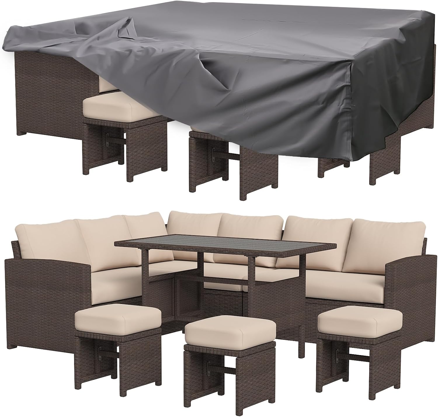 U-MAX 7 Pieces Patio Furniture Set with Waterproof Cover, Outdoor Sectional Sofa Conversation Set, All Weather Wicker Rattan Dining Table & Chair with Ottoman, Brown Rattan&Khaki Cushion