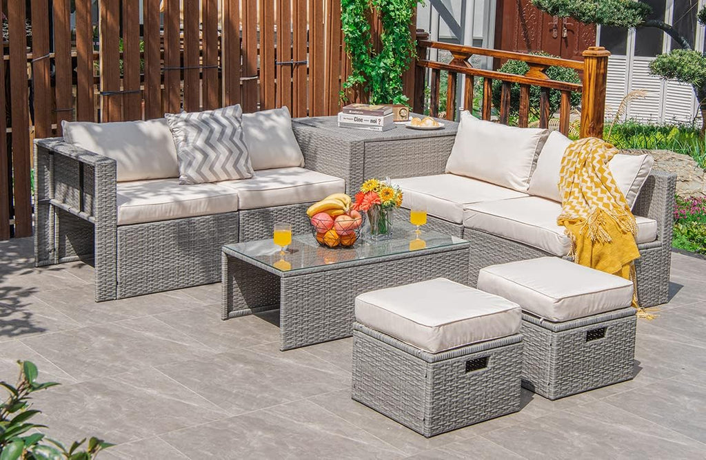 Tangkula 8 Piece Patio Wicker Furniture Set, Patiojoy Space Saving Outdoor PE Rattan Conversation Set with Storage Box & Waterproof Cover, Coffee Table, 2 Ottomans, 2 Armless Sofas & 2 Corner Sofas
