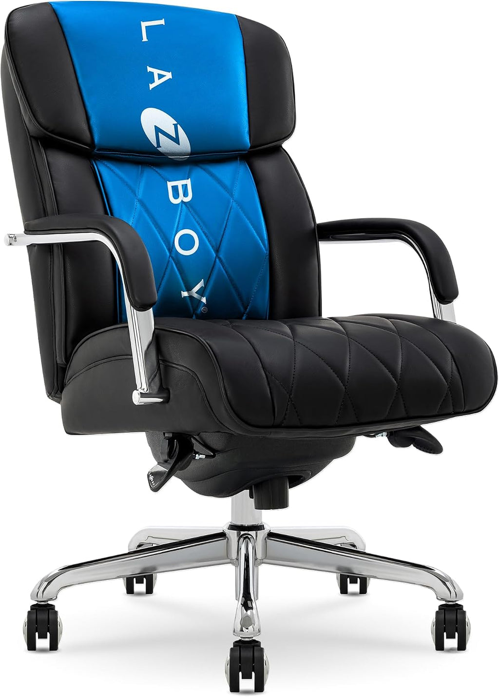 La-Z-Boy Symphony Executive Mid-Back Office Chair, Diamond Quilt Seat and Back, Pocket Coil Cushion, Padded Armrests, Ergonomic Computer DeskChair, Swivel Metal Base, Bonded Leather, Black/Chrome