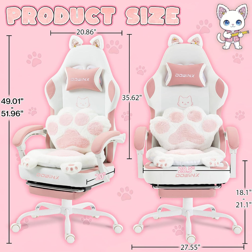 Dowinx Gaming Chair with Cat Ears and Paw Lumbar Pillow, Ergonomic Reclining Chair, Memory Foam and Spring Cushion, Footrest, 300lbs Capacity, Cute and Comfortable Design for Women & Girls