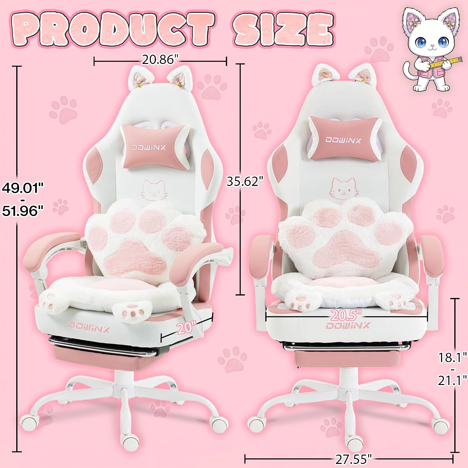 Dowinx Gaming Chair with Cat Ears and Paw Lumbar Pillow, Ergonomic Reclining Chair, Memory Foam and Spring Cushion, Footrest, 300lbs Capacity, Cute and Comfortable Design for Women & Girls