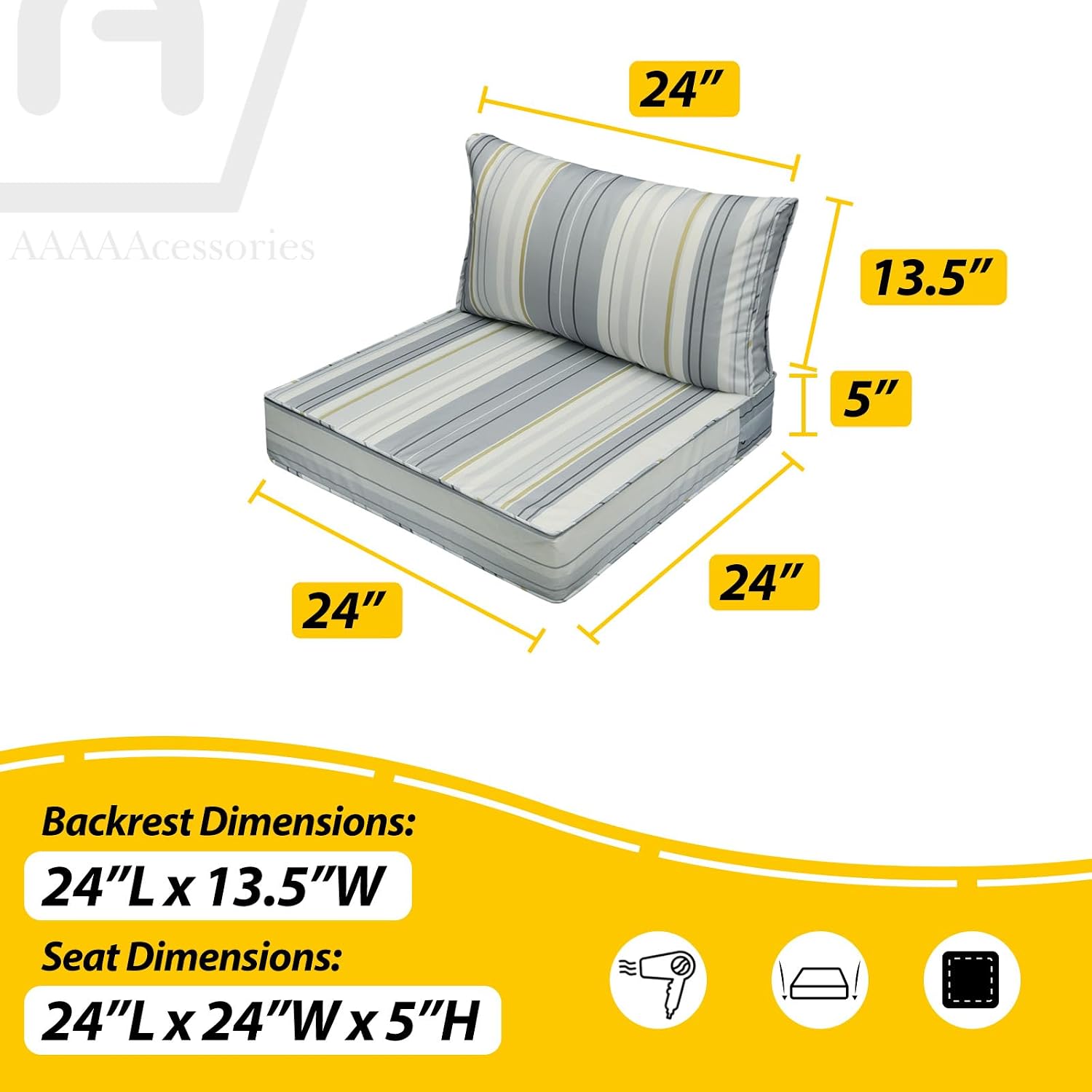 AAAAAcessories Outdoor Seat Cushions for Chairs, Fade-Resistant, Waterproof Patio Furniture Replacement Cushions, 24' x 24' x 5' + 24' x 13.5', Set of 4, Ash Blue Harbor Stripe