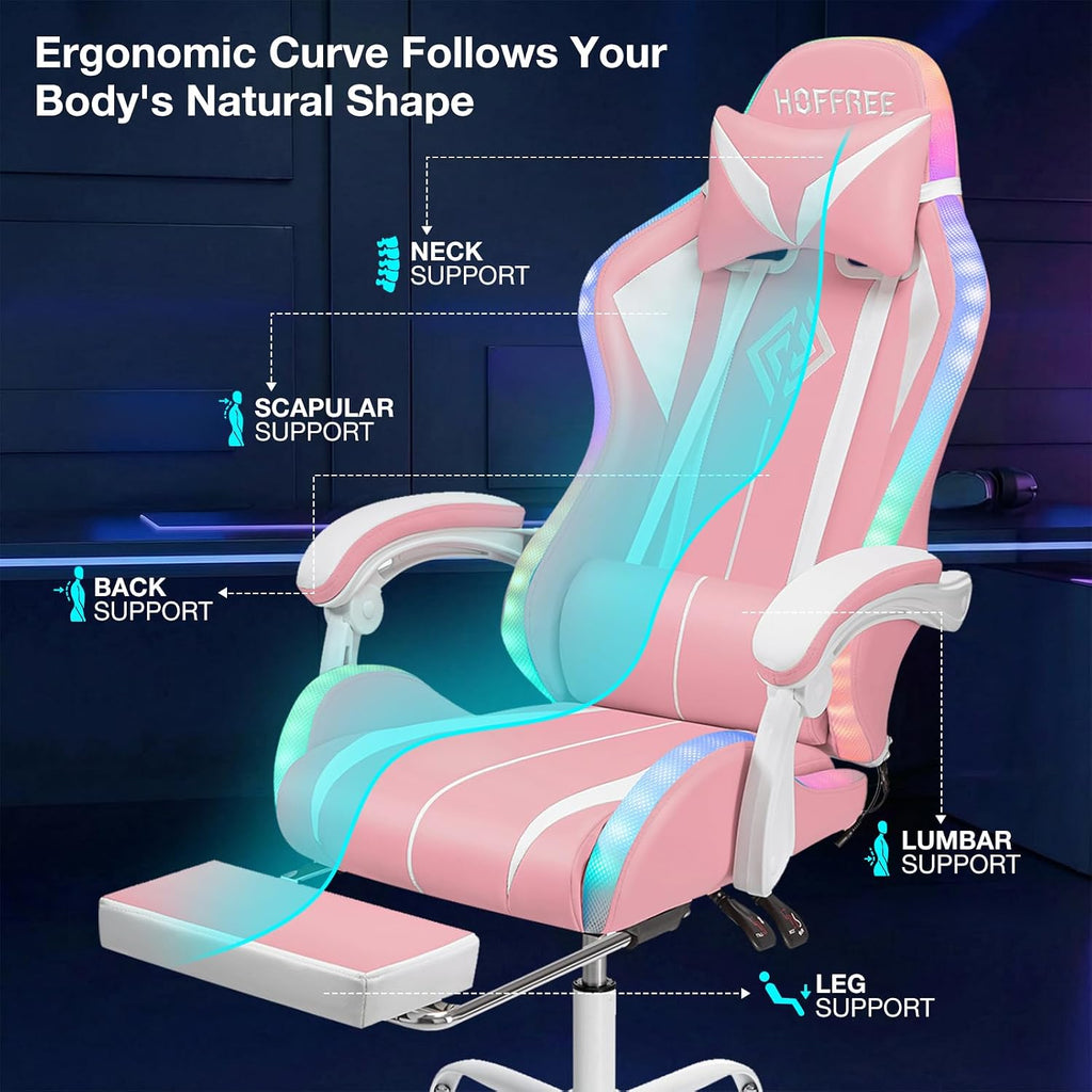 HOFFREE Gaming Chair with LED RGB Lights with Massage and Footrest Ergonomic Computer Chair High Back Video Game Chair with Adjustable Lumbar Support Linkage Armrest Pink and White