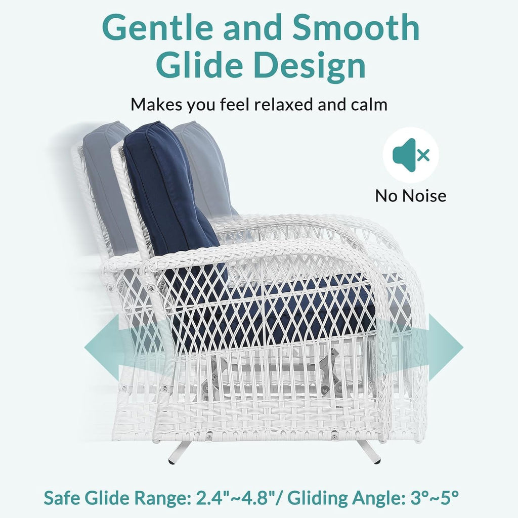 MEETWARM Patio Wicker Rocking Glider Set, All-Weather Outdoor Rattan Patio Rocking Chairs of 2, Patio Conversation Set with Thickened Cushions for Porch Backyard & Garden, White Wicker/Navy