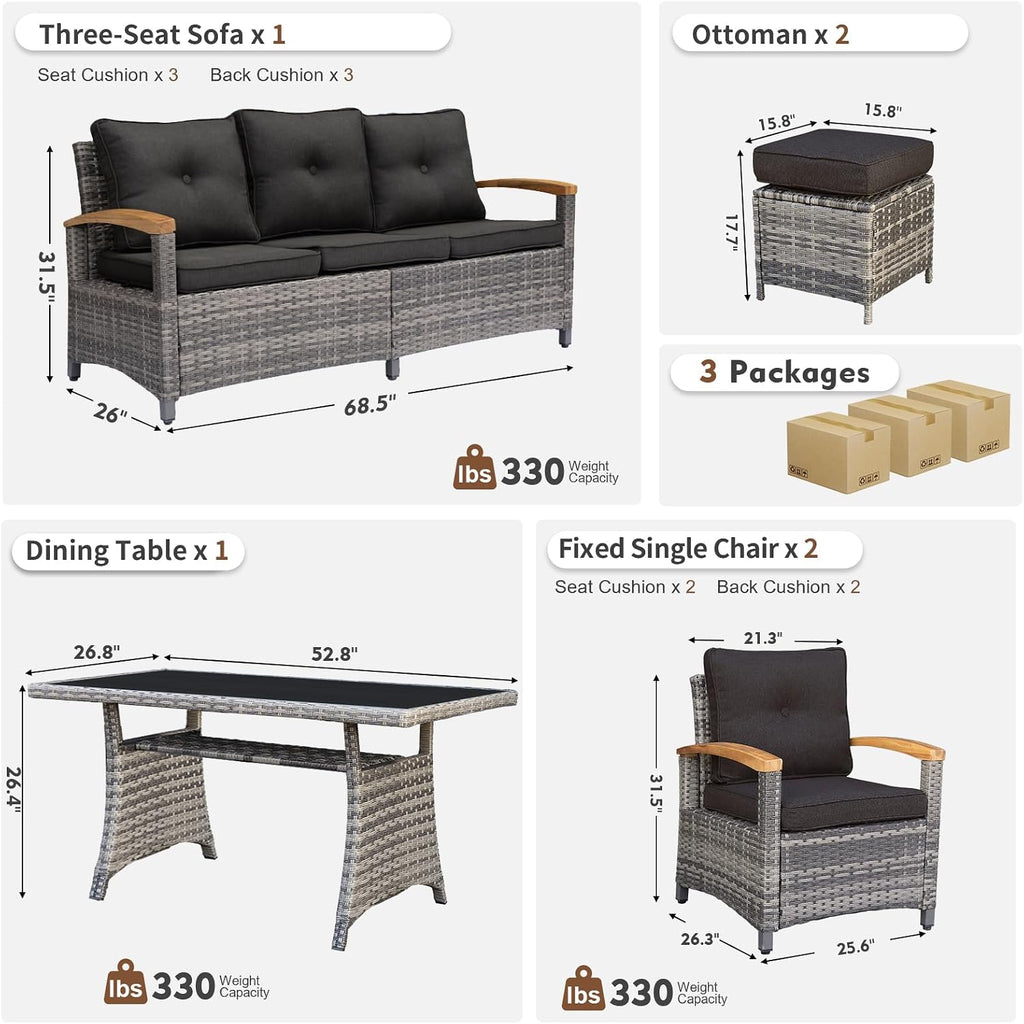 MEISSALIVVE 6 Pieces Patio Furniture Sets, PE Wicker Outdoor Conversation Sets with 2 Wood Armrests Swivel Glide Chairs, 2 Ottomans and Dining Table (Black)