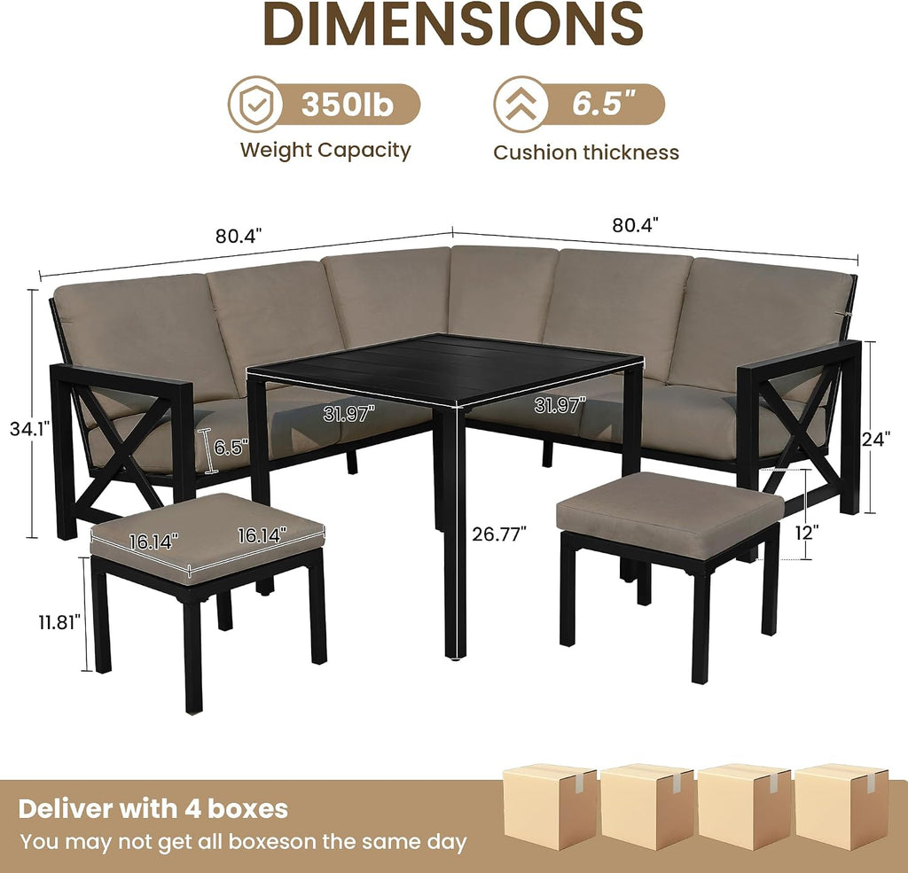 NATURAL EXPRESSIONS 8 Pieces Patio Furniture Sets,Metal Outdoor Sectional Couch L Shape Conversation Set,Highback Patio Sofa Set with Dining Table,2 Ottomans,Large Waterproof Cover, 6.5' Cushion Shale