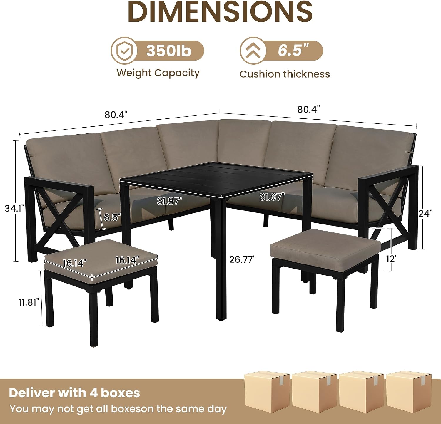 NATURAL EXPRESSIONS 8 Pieces Patio Furniture Sets,Metal Outdoor Sectional Couch L Shape Conversation Set,Highback Patio Sofa Set with Dining Table,2 Ottomans,Large Waterproof Cover, 6.5' Cushion Shale