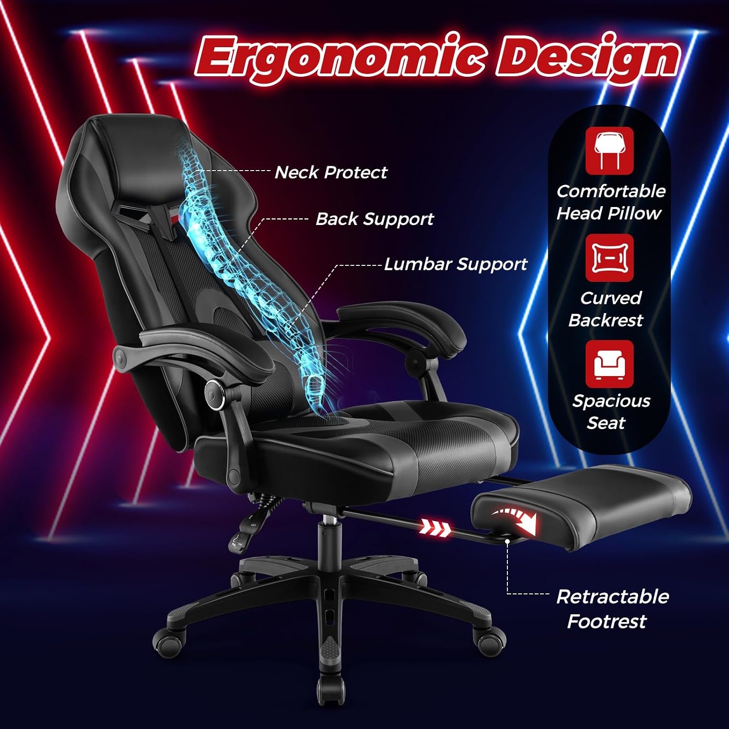 COSTWAY Gaming Chair, Ergonomic Adjustable Racing Video Game Chair w/Retractable Footrest, Padded Headrest & Lumbar Support, High Back Reclining Home Office Computer Gamer Chair for Adults (Grey)