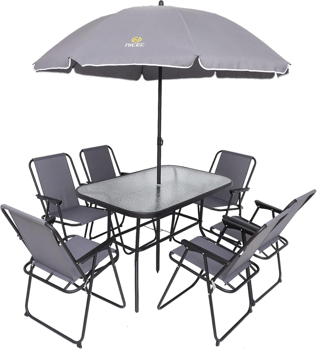 Nice C Outdoor Dining Sets, Patio Furniture Set, 8 Piece Set with Umbrella, Garden Outdoor Furniture Table Set with Removable Umbrella, Glass Table, and 6 Folding Chairs (Grey)