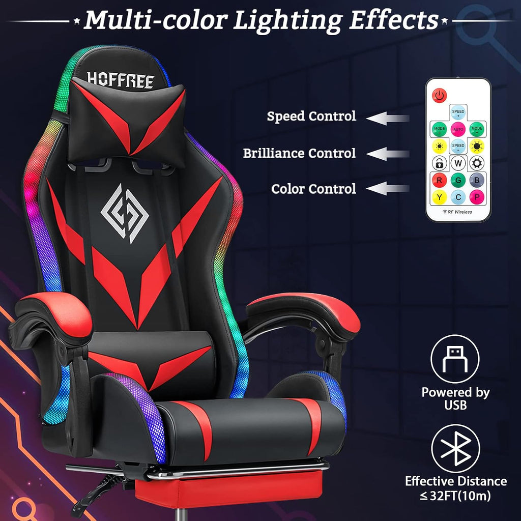 Gaming Chair with Speakers and LED Lights Ergonomic Computer Chair with Massage and Footrest Reclining Video Game Chair for Adults with Adjustable Lumbar Support Red and Black
