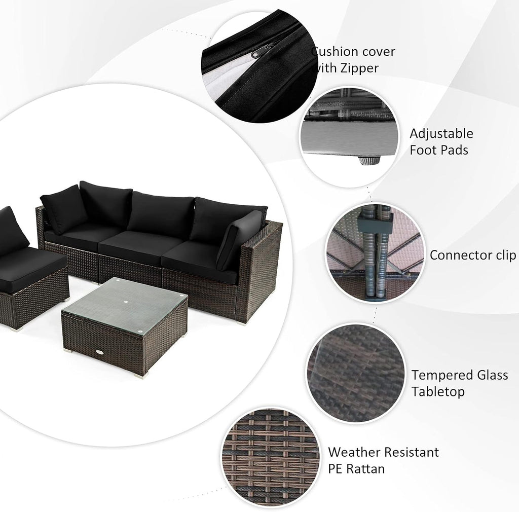 Tangkula 6-Piece Patio Furniture Set with 30' Propane Fire Pit Table, Outdoor PE Wicker Conversation Set with Cushions and Tempered Glass Coffee Table, Gas Fire Pit Table with 50,000 BTU (Black)