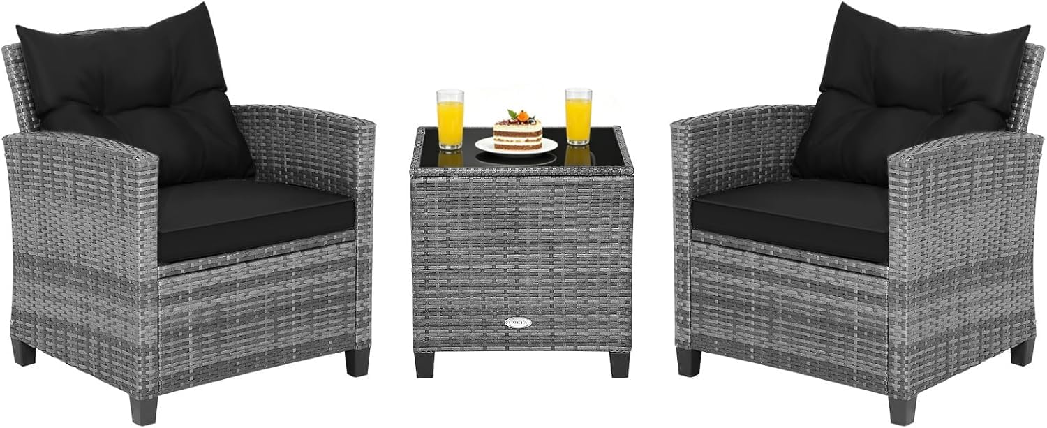 COSTWAY 3PCS Patio Furniture Set, PE Rattan Wicker Sofa w/Washable Cushion and Coffee Table, Tempered Glass Tabletop, Outdoor Conversation Set for Balcony, Porch, Yard, Backyard, Lawn, Black