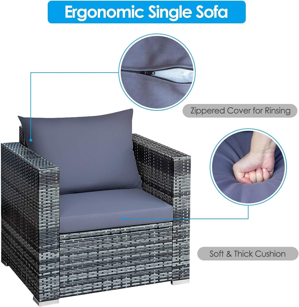HAPPYGRILL 3 Pieces Patio Conversation Set, Outdoor Rattan Wicker Sofa Set with Coffee Table, Patio Furniture Set with Soft Cushions for Balcony Porch Backyard Garden