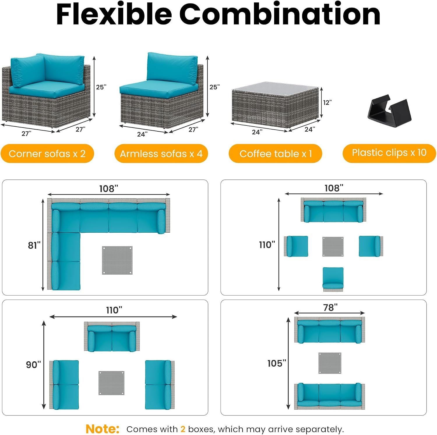 Green4ever 7 Piece Outdoor Patio Furniture Sets, Wicker Patio Outdoor Sectional Sofa with Glass Table Removable Cushions, All Weather Patio Conversation Sets for Porch Balcony Backyard, Light Blue
