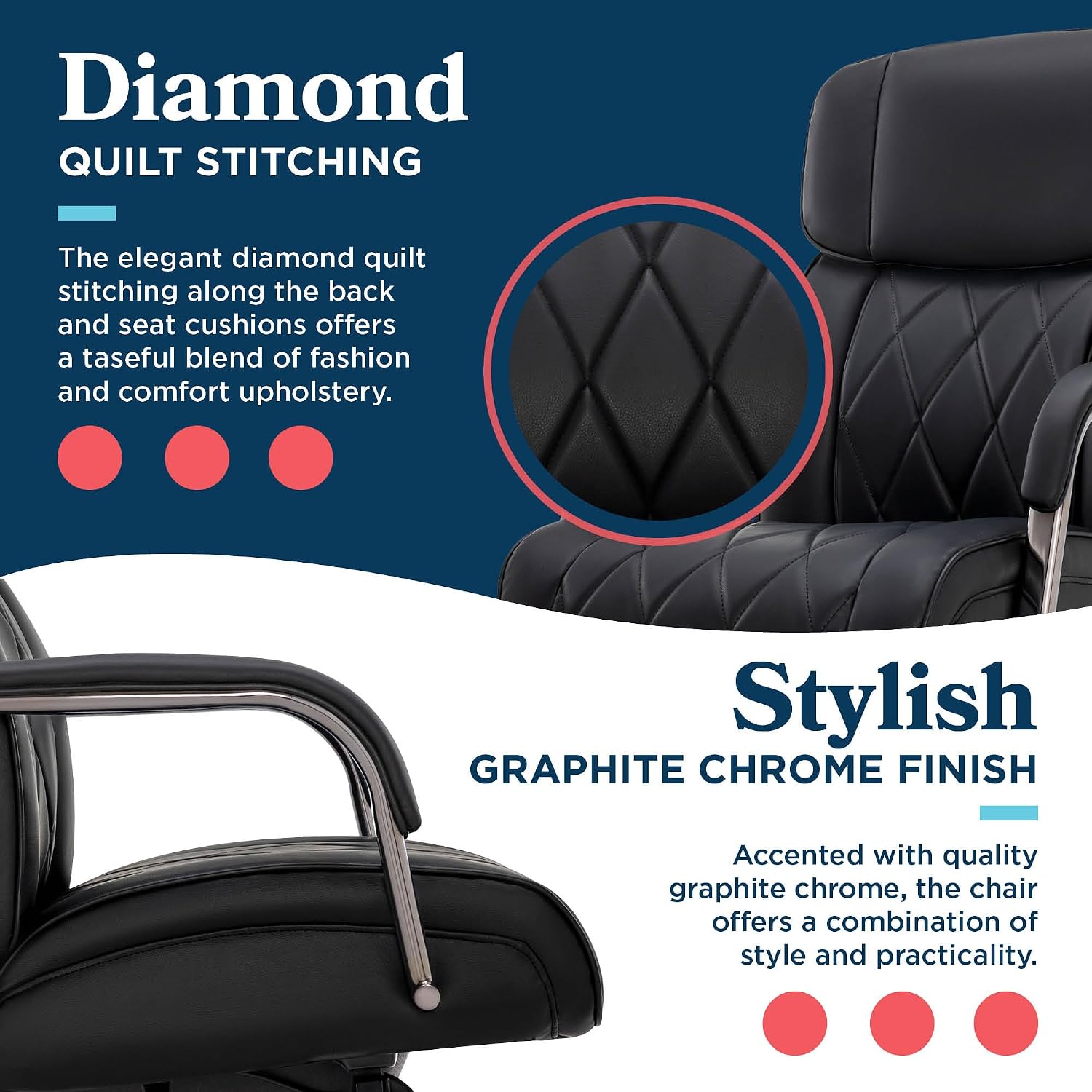 La-Z-Boy Symphony Executive Mid-Back Office Chair, Diamond Quilt Seat and Back, Pocket Coil Cushion, Padded Armrests, Ergonomic Computer DeskChair, Swivel Metal Base, Bonded Leather, Black/Graphite