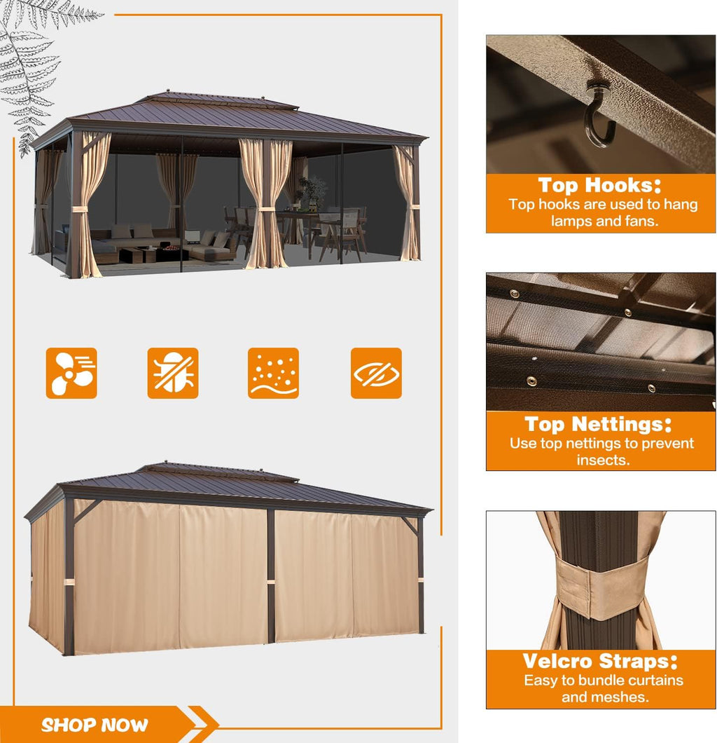 MELLCOM 14'x20' Hardtop Gazebo, Galvanized Steel Metal Double Roof Aluminum Gazebos with Curtain and Netting, Brown Permanent Pavilion Gazebo with Aluminum Frame for Patios, Gardens, Lawn