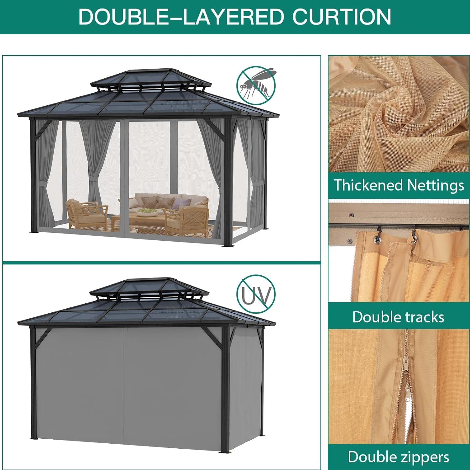 GAOMON 10'x13' Hardtop Gazebo, Outdoor Polycarbonate Double Roof Canopy, Aluminum Frame Permanent Pavilion with Curtains and Netting, Sunshade for Garden, Patio, Lawns, Gray