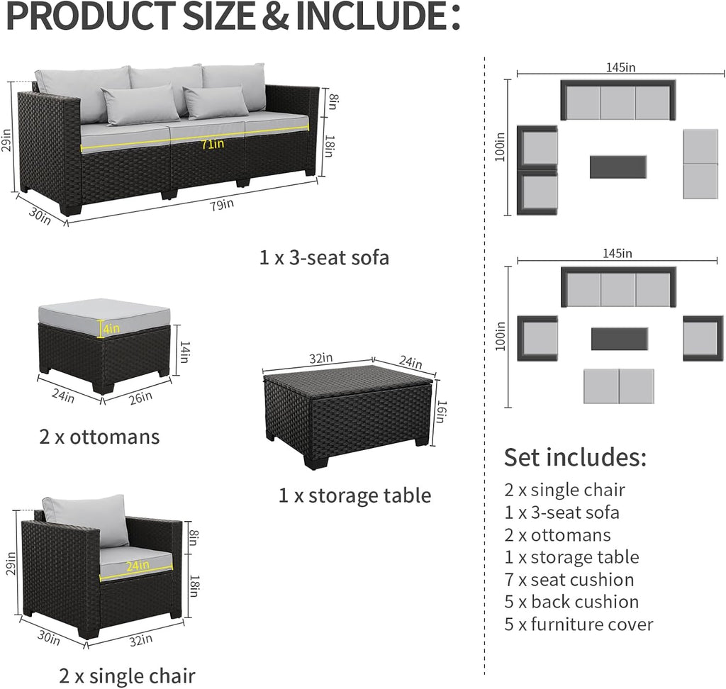 Rattaner Patio Wicker Furniture Set 6 Pieces Outdoor HDPE Wicker Conversation Couch Sectional Chair Sofa Set with Grey Cushions