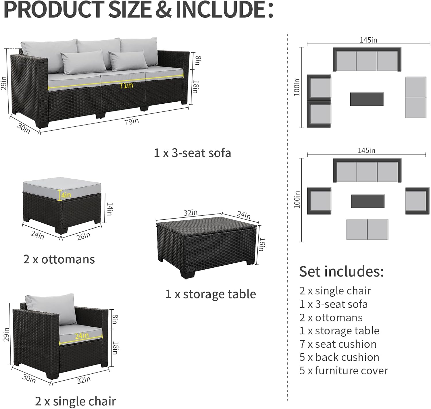 Rattaner Patio Wicker Furniture Set 6 Pieces Outdoor HDPE Wicker Conversation Couch Sectional Chair Sofa Set with Grey Cushions