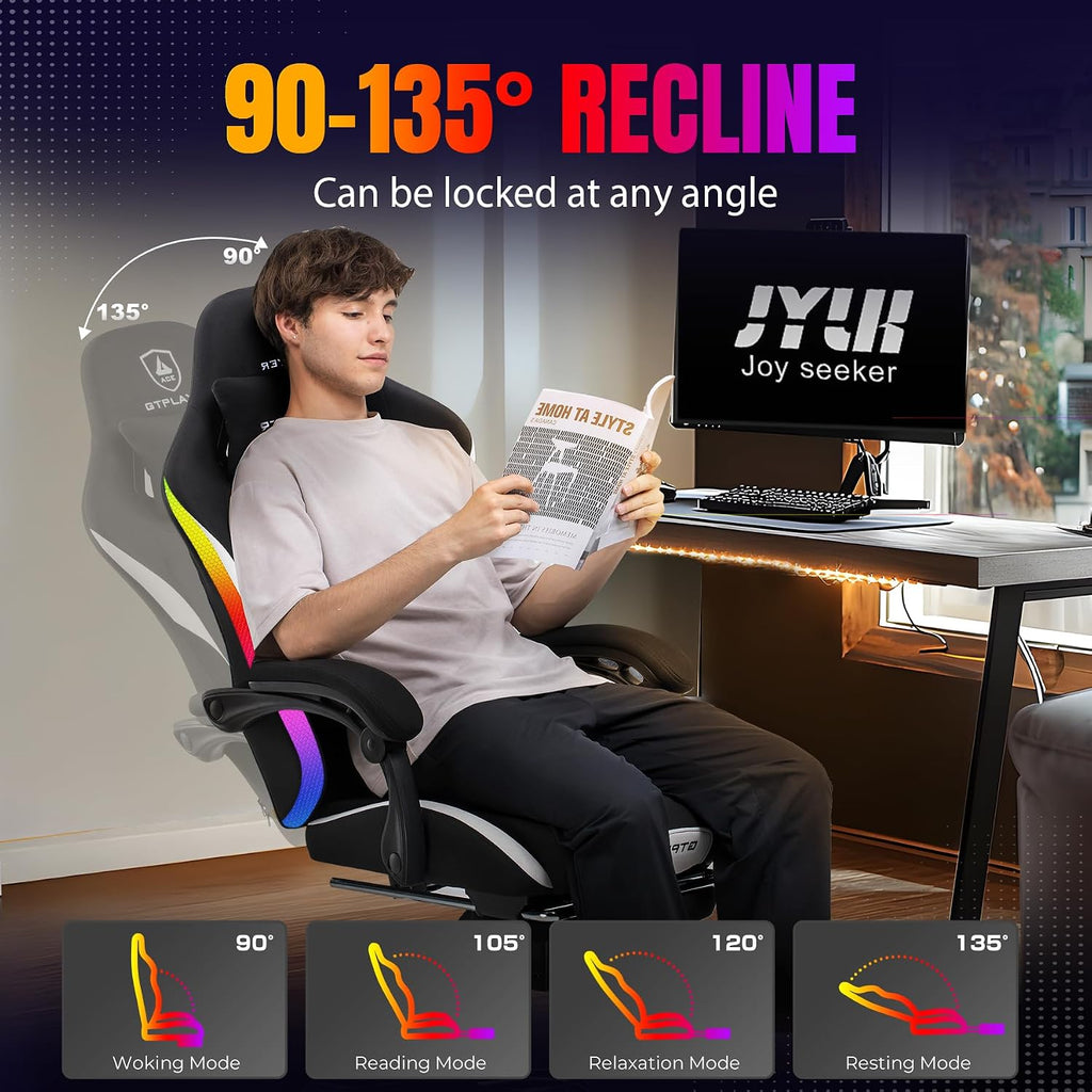 GTPLAYER RGB Gaming Chair with Footrest, LED Lights, Ergonomic Computer Chair with Linkage Armrest, Breathable Fabric for Home Office Desk - Video Game Chairs for Adults, Dim RGB