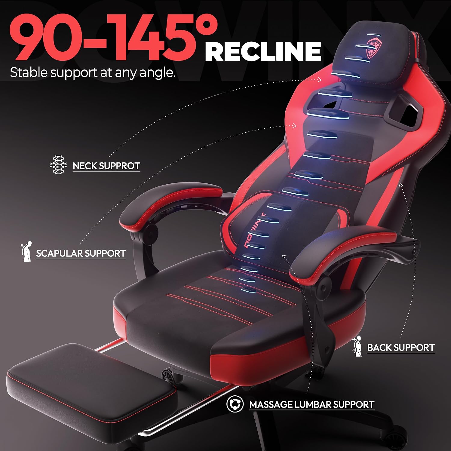 Dowinx PU Leather Gaming Chair with Footrest, Big and Tall Ergonomic Computer Chair with Lumbar Support, Wide Back Gamer Chair for Heavy People, Red