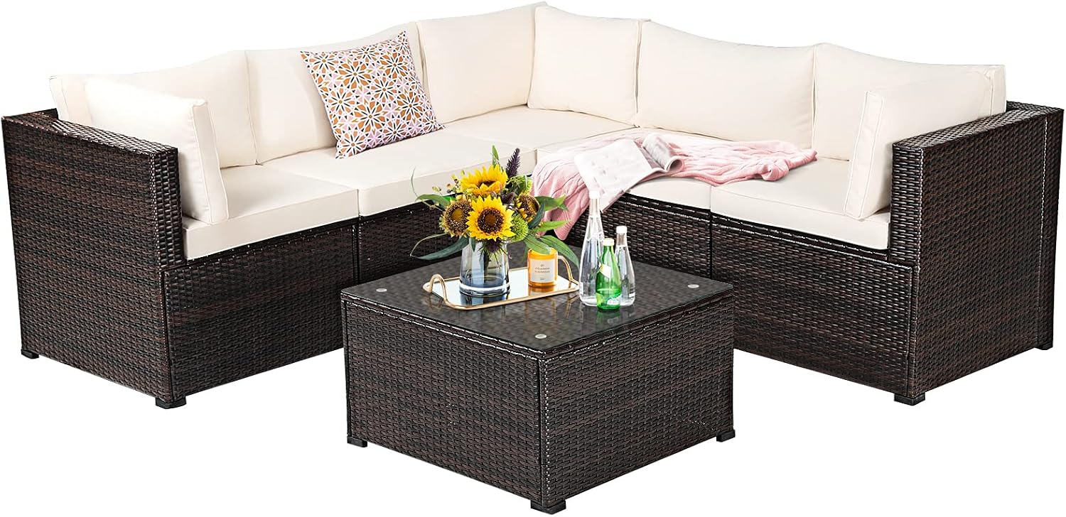 Tangkula 6 Pieces Patio Furniture Set, Outdoor Rattan Sofa Set, Wicker Conversation Set w/Tempered Glass Coffee Table & Cushions, Sectional Sofa Set for Backyard, Garden, Balcony, Poolside (Beige)