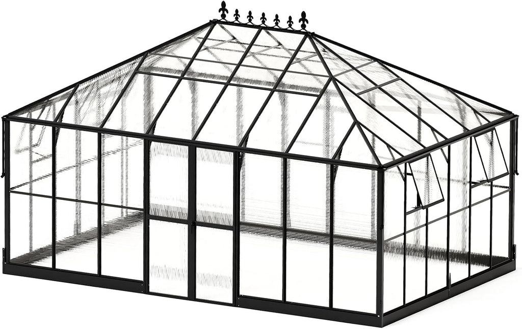 HOWE 16x12x9.5 FT Polycarbonate Greenhouse for Outdoors, Pavilion Style Greenhouse with 4 Vent Windows, Lockable Double Doors, Ideal for Garden & Patio Use, Black