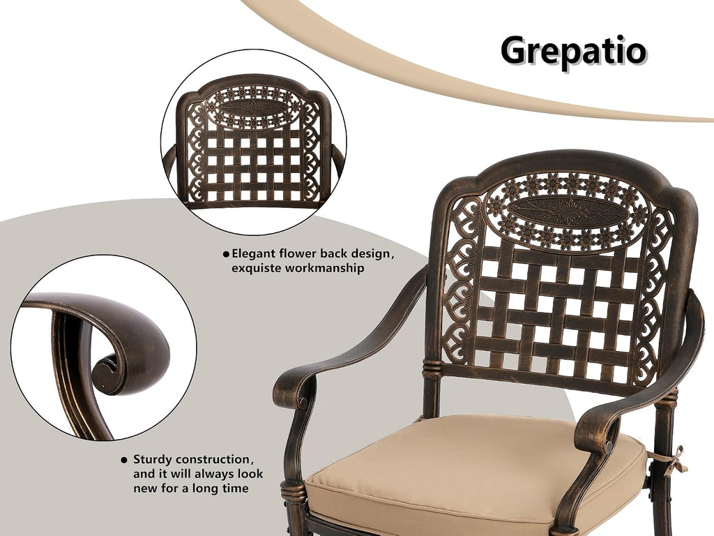 Grepatio 9 Piece Cast Aluminum Patio Furniture Set Outdoor Dining Set Bistro Furniture Set with 8 Armchairs and Dining Table, 8 Cushions for Backyard Garden Poolside (Grid Khaki)