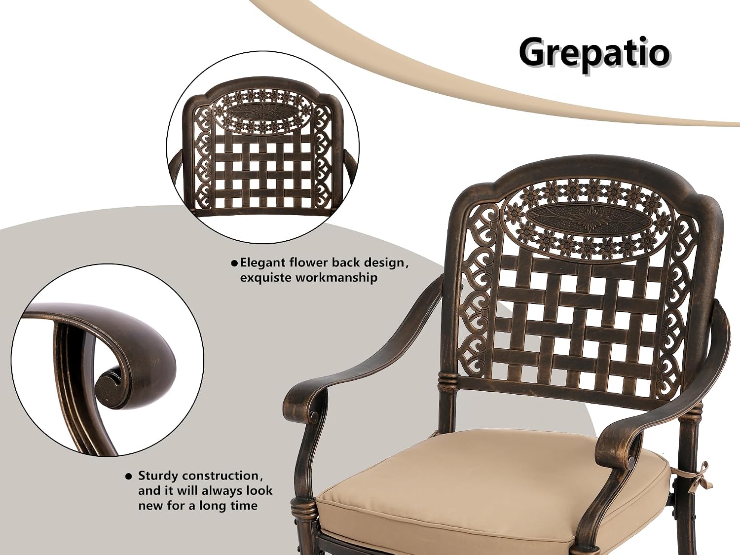 Grepatio 9 Piece Cast Aluminum Patio Furniture Set Outdoor Dining Set Bistro Furniture Set with 8 Armchairs and Dining Table, 8 Cushions for Backyard Garden Poolside (Grid Khaki)