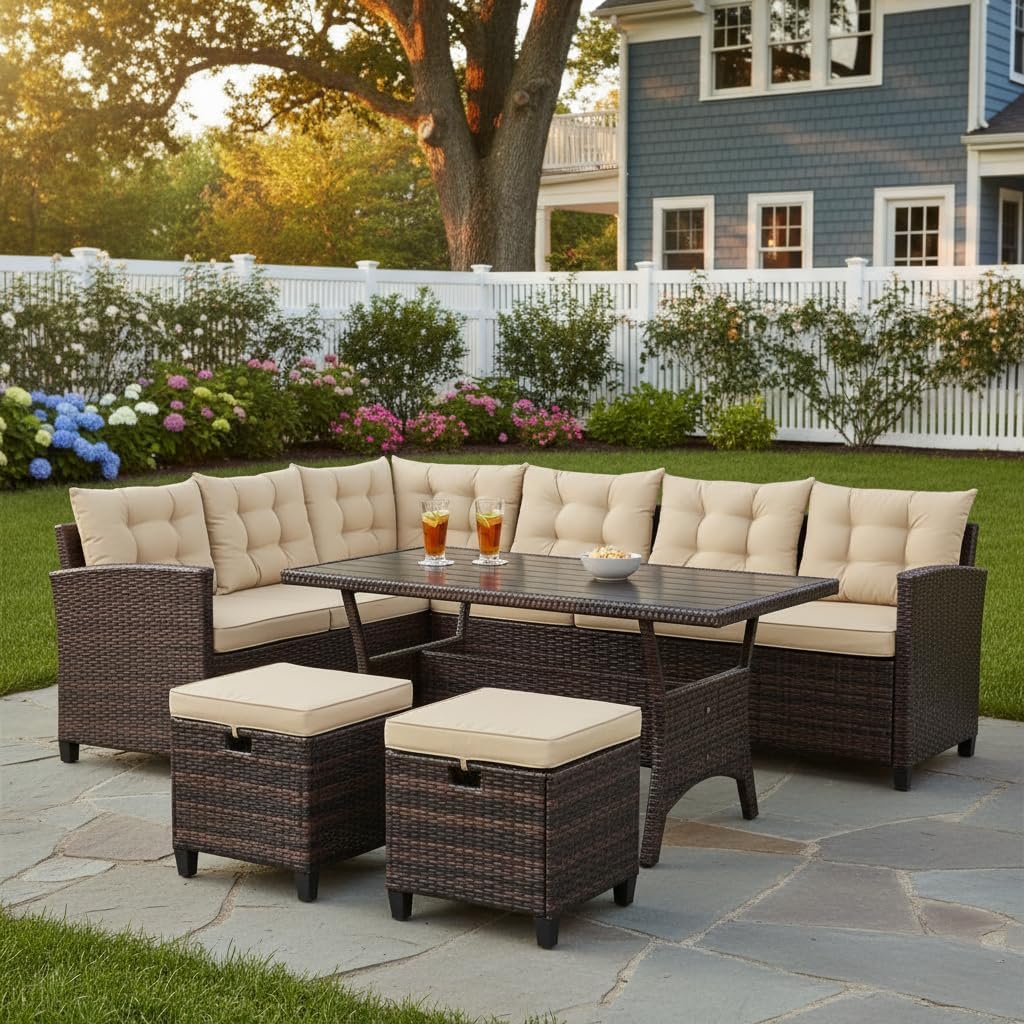 Tangkula 5 PCS Patio Furniture Set, Outdoor Conversation Set with 6 Cushioned Seat 2 Ottomans & Coffee Table, All Weather Wicker Dining Table Set with Ottoman, Rattan Sectional Couch Sofa Set